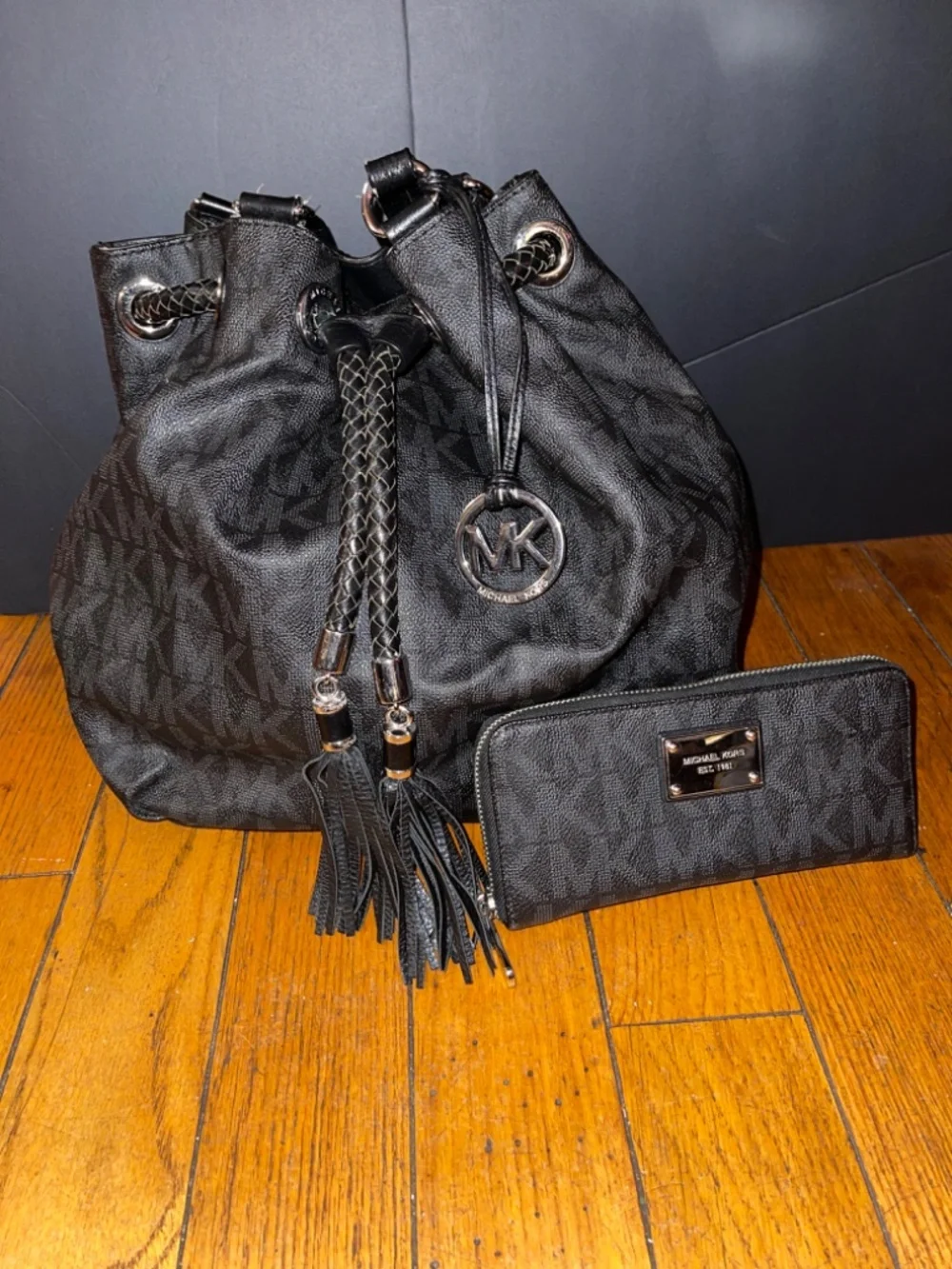 Michael Kors Black Drawstring Tassel Cinch Shoulder Bag.